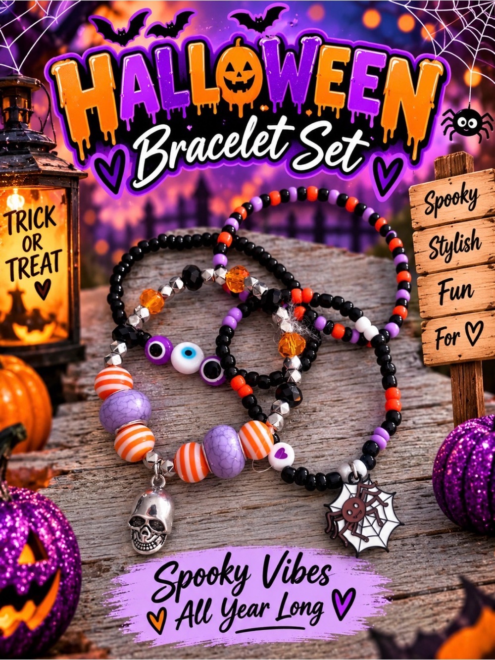 Halloween Spooky Vibes Beaded Bracelet Set - Purple & Orange - Set of 4